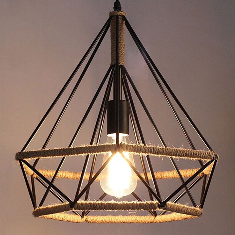 Black Rope Geometric Cage Ceiling Light Industrial Loft Hanging Light for Dining Room