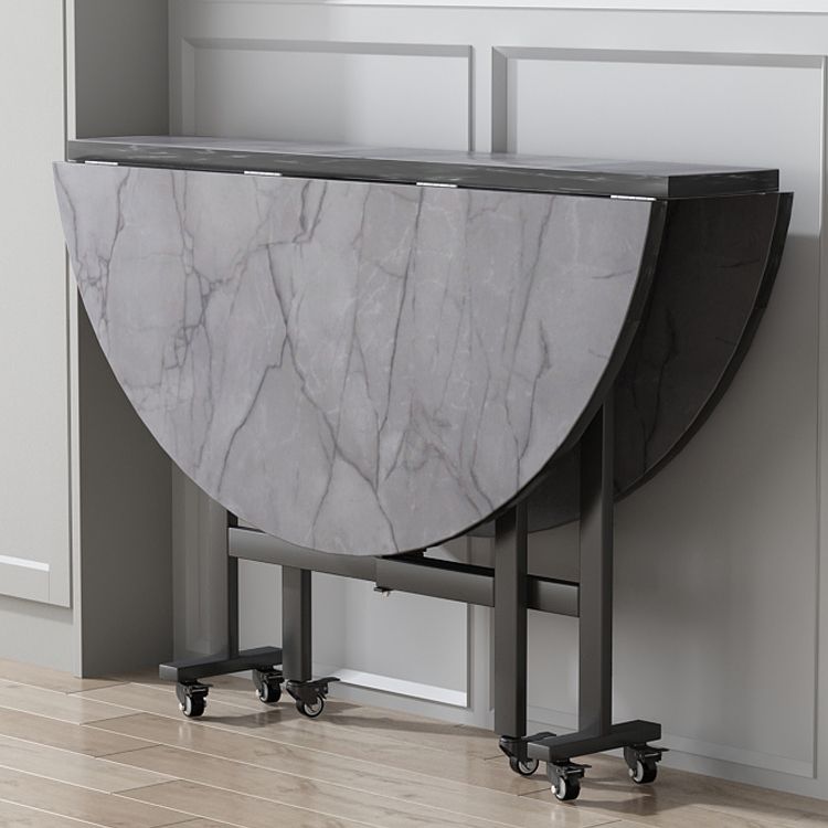 Modern Foldable Dining Table Round Grey Wood Tabletop with Metal Trestle Base