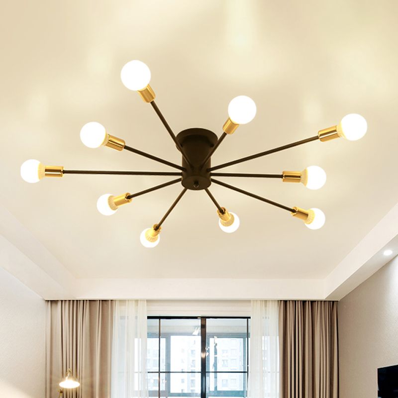 6/8 Heads Bare Bulb Semi Flush Mount Light Vintage Style Black/White Metallic Ceiling Light Fixture for Kitchen