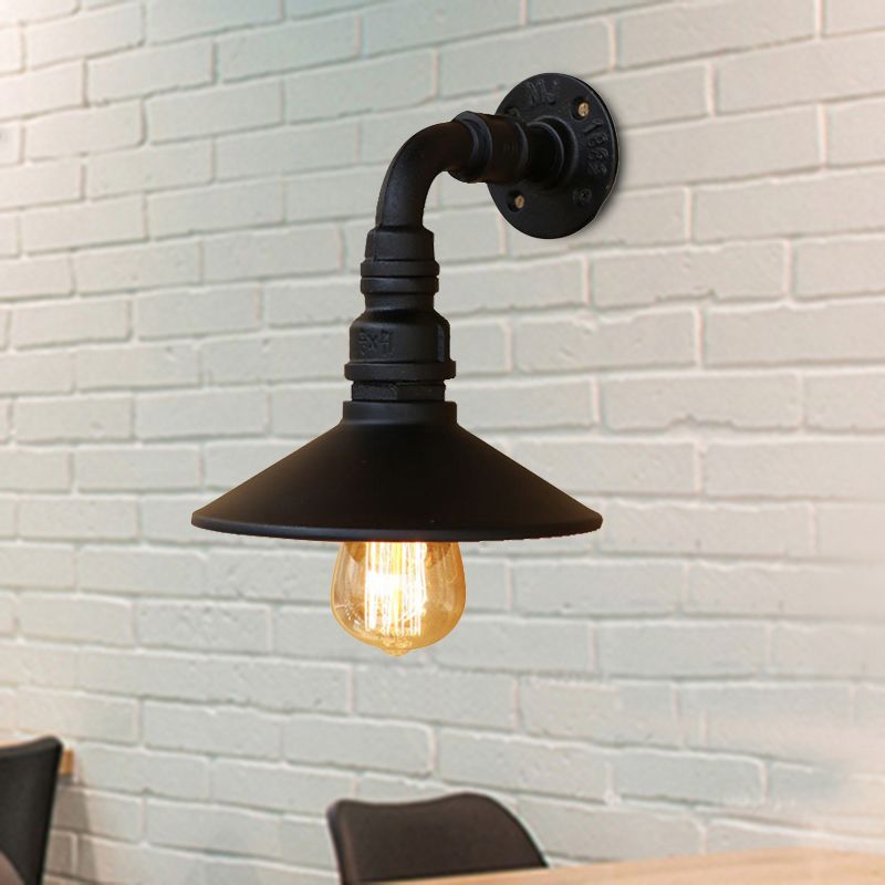 Metal Antique Brass/Black Wall Sconce Light Conic Shade 1 Light Steampunk Wall Lighting with Curved Pipe