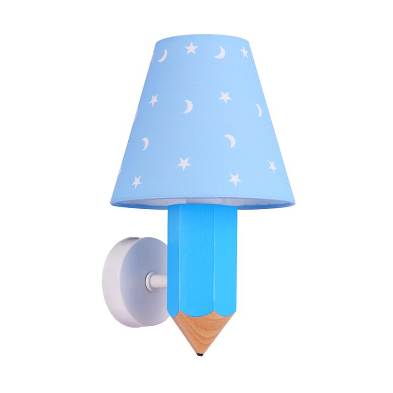 Luz de madera para niños Luz de pared de madera ideas de apliques de una sola bombilla con sombra de lámpara cónica en azul