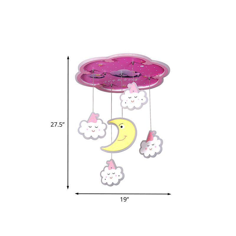 Pink Flower Flushmount Lighting Cartoon Acrylic LED Flush Mount Ceiling Fixture with Sleeping Cloud and Moon Drape