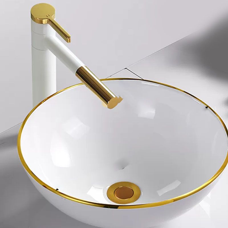 Round Bathroom Sink Ceramic Washroom Sink with Rod Handle Faucet