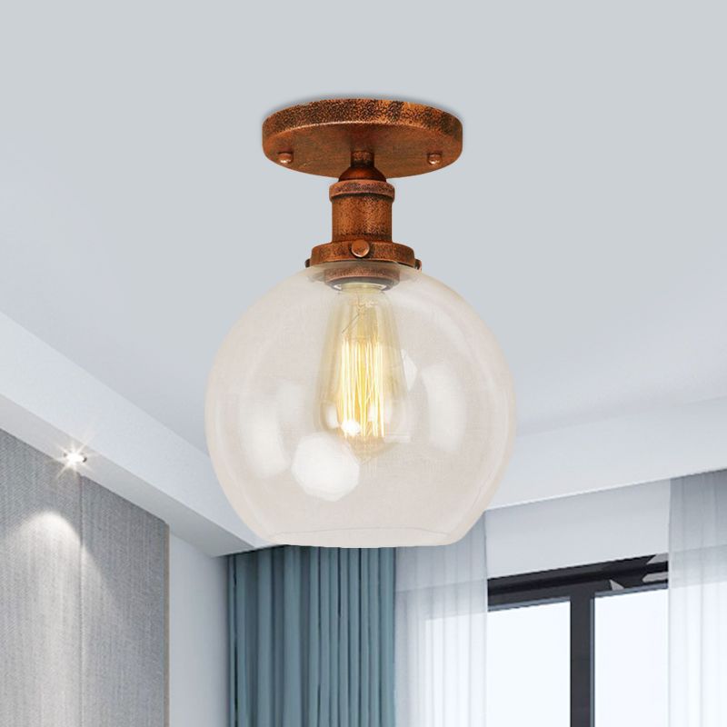 Plafonnier sphérique semi-affleurant industriel en verre transparent, une lumière, noir/laiton/cuivre, pour balcon
