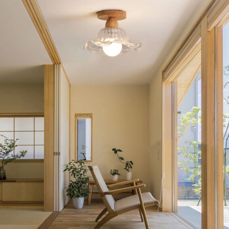 Modern Ceiling Light 1-Light Wooden Ceiling Mount Light with Glass Shade for Bedroom