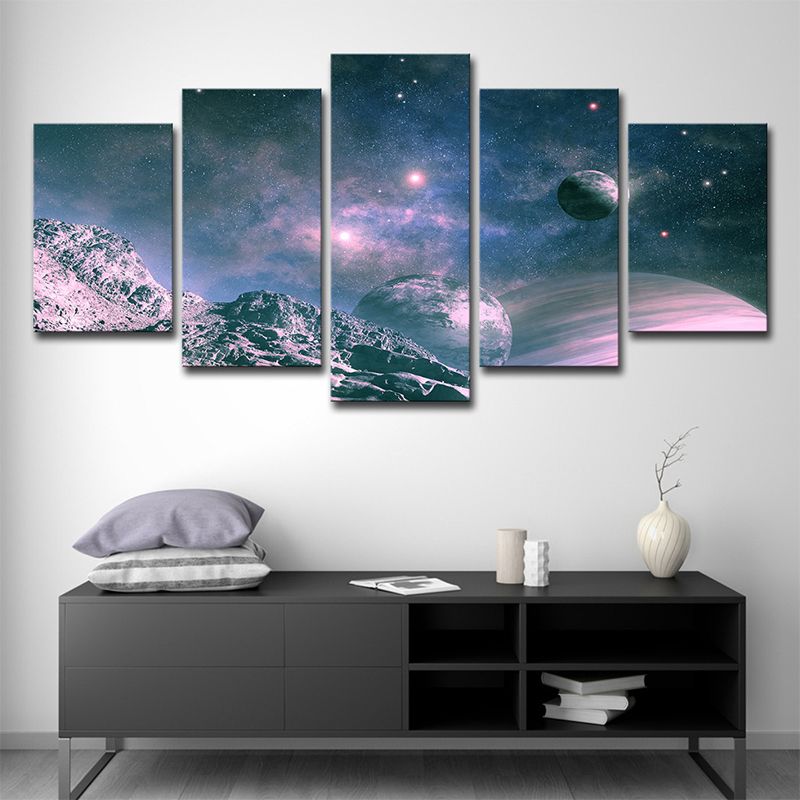 Science Fiction Canvas Art Blue and Purple View of Planets Wall Decor for Boys Room