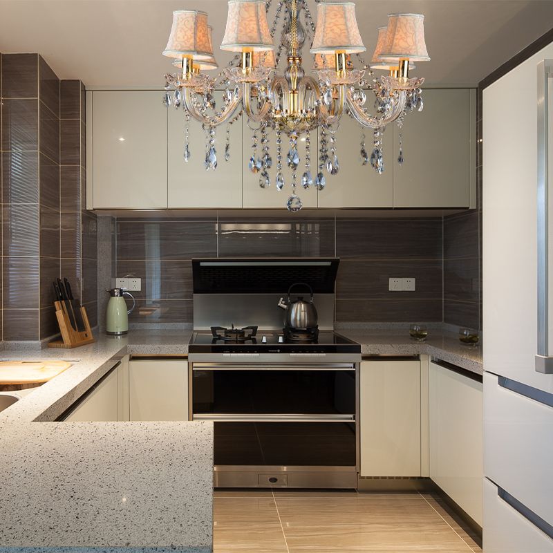 Armed Clear K9 Crystal Pendant Chandelier Rustic 6/8/10 Heads Beige Hanging Ceiling Light with Flared Fabric Shade