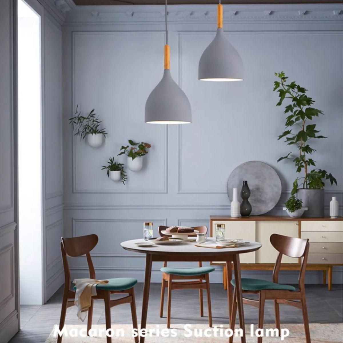 Metall Teardrop hängende leichte nordische Stil 1 Leichte Restaurant Deckenheize Anhängerlampe mit Holzoberteil