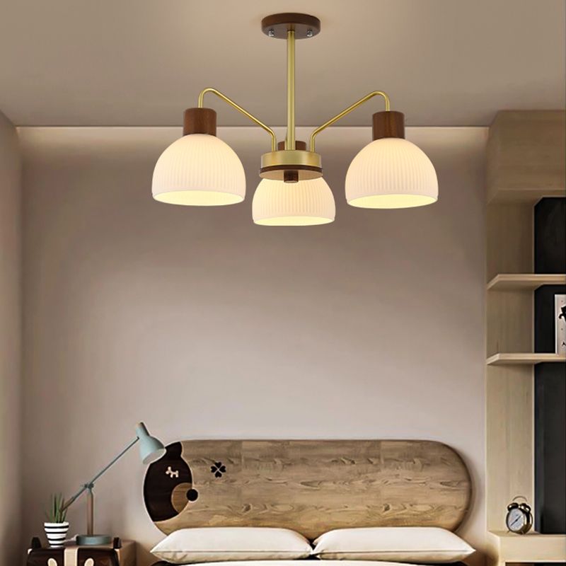 Modern Wood Flush Mount Dome Shape Ceiling Light with Glass Shade for Living Room