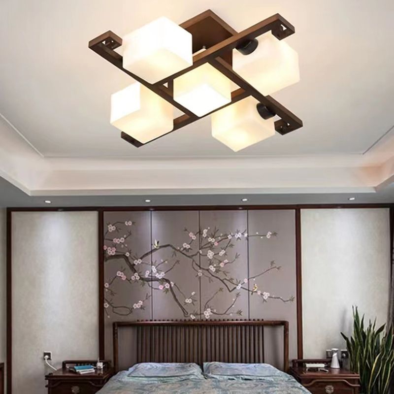 Modern Style Ball Shape Flush Mount Wood Ceiling Light in Brown for Living Room