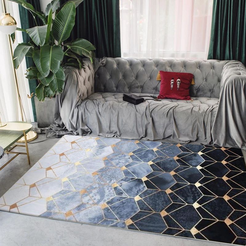 Blauer Schlafzimmer Teppich Moderne geometrische Sechskantheber -Muster -Fläche Teppich Polyester Maschinenwaschbar Teppich