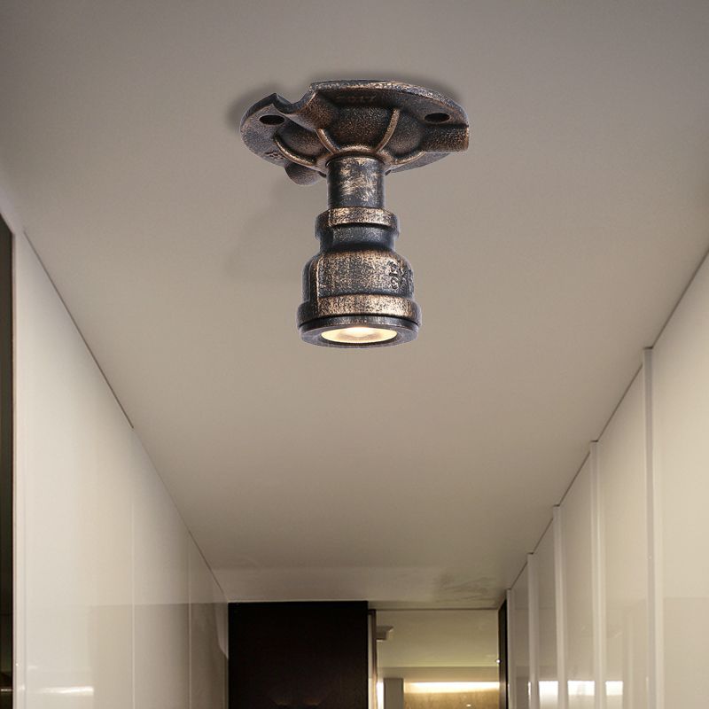 1 Light Metal Semi Flush Light Rustic Industrial Antique Brass Water Pipe Hallway Ceiling Mounted Light
