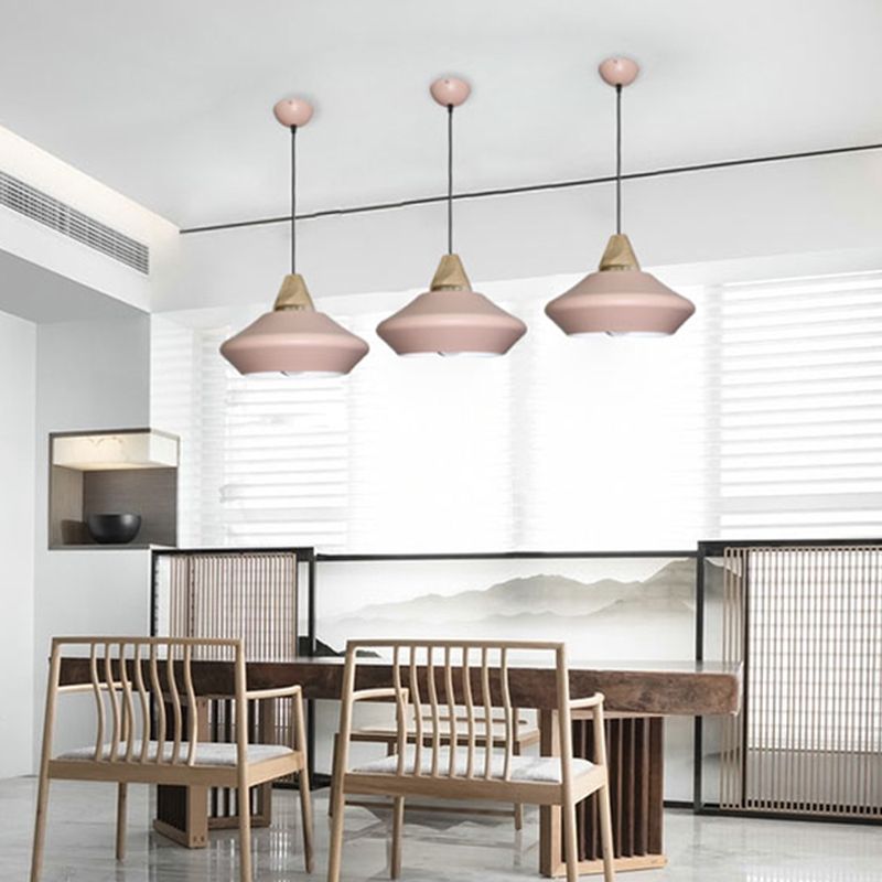 Hat Ceiling Lamp Contemporary Metal 1 Head Pink/Coffee Pendant Light Fixture with Wood Cap