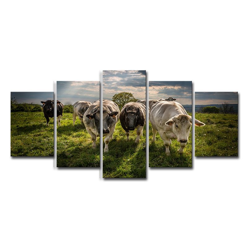 Multi-Piece Green Canvas Modern Herd of Cow on the Meadow Wall Art Print for Family Room