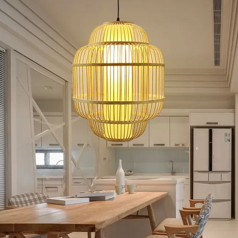 Bambus-Laterne Anhänger Beleuchtung Asian 1-Licht-Beige Down Lighting für Esszimmer, 16 "/19.5" /31.5 "W.