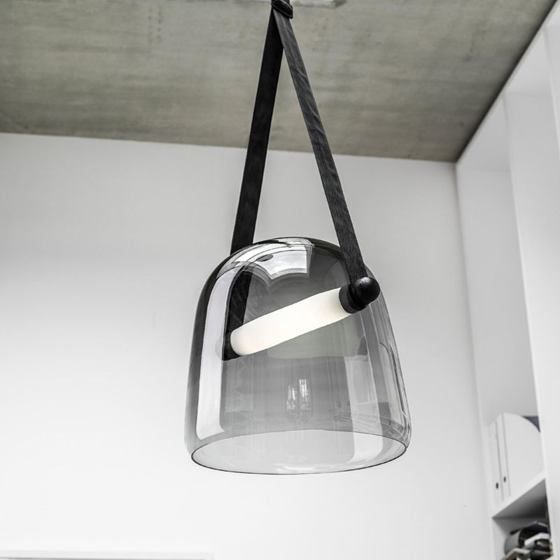 Cream/Smoke Grey Glass Cloche Pendant Postmodern 1 Bulb Black/Beige Hanging Ceiling Light with Buckle Strap