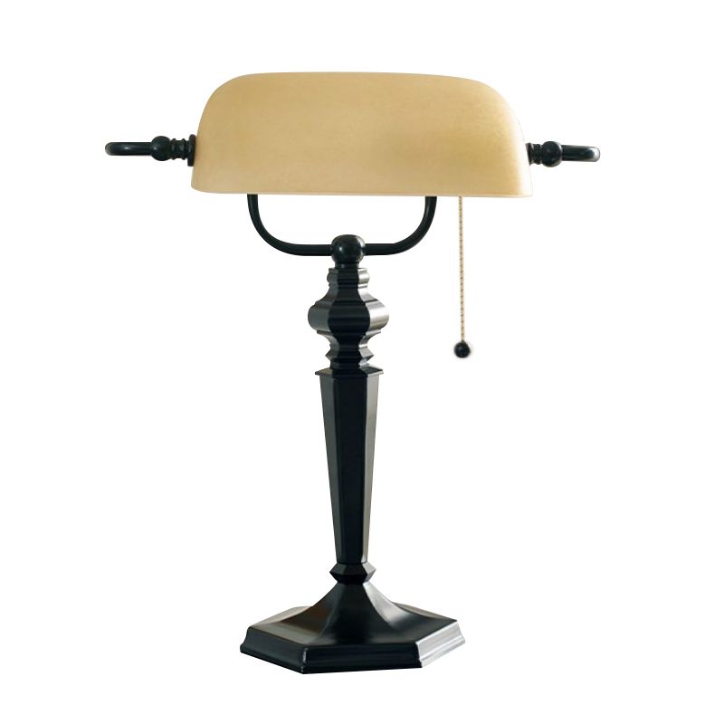1 Light Pull Chain Night Table Light Traditional Black/Brass Finish Metal Desk Lamp with Tan Glass Shade
