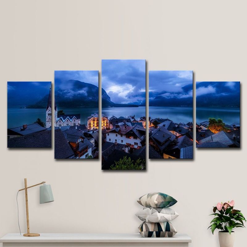 Blue Global Inspired Canvas Print Hallstatt Lake Town Night Scenery Wall Art Decor for Home