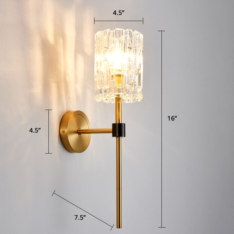 Clear Carved Glass Cylindrical Wall Light Postmodern Gold Finish Wall Sconce for Living Room