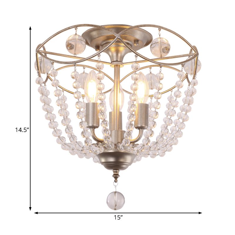 Candle Hallway Semi Flush Light Traditional Metal 3 Lights Gold Ceiling Light with Crystal Strand