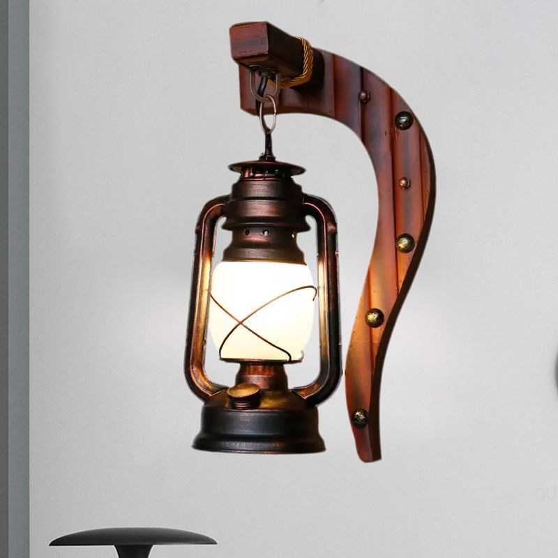 Rame antico una luce leggera leggera leggera rustica in vetro di vetro di cherosene illuminazione con retro in legno