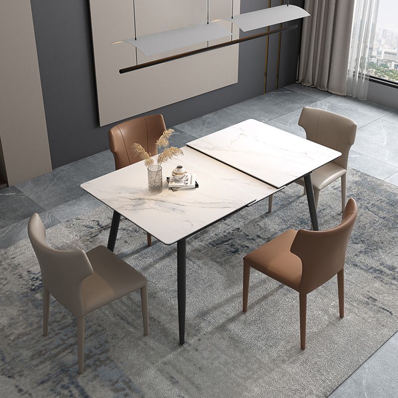 Rectangle Extendable Industrial Dining Table White Sintered Stone Table with 4 Black Legs