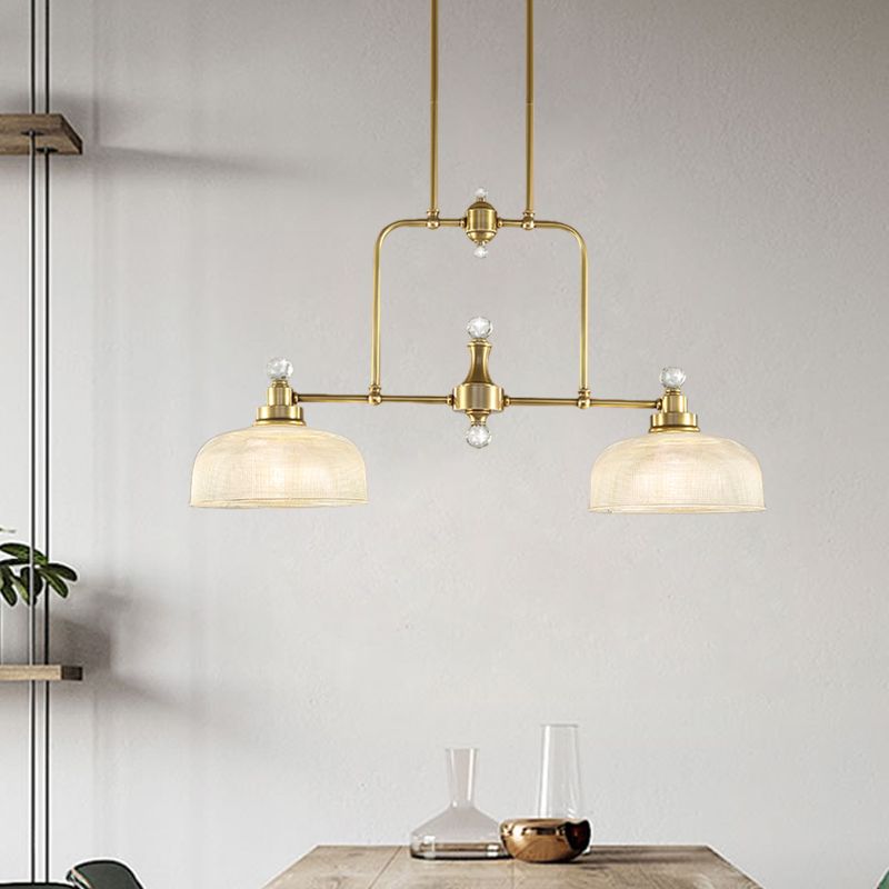 Gold Domed Island Pendant Country Style Clear Prismatic Glass 2 Bulbs Metal Hanging Light Kit