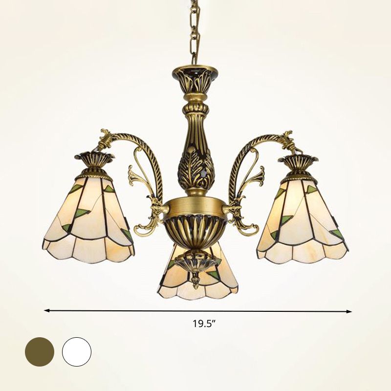 Luminaire de lustre conique en vitrail Méditerranée 3/5/11 Lumières Pendre de plafond en laiton blanc / antique