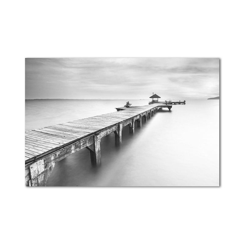 Modern Bridge and Seascape Art Print Light Color Textured Wall Decor for Sitting Room