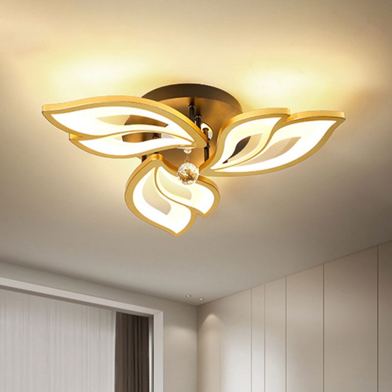 Gold Finish Flower Ceiling Lighting Contemporary LED Metal Semi Flush Mount with Crystal Ball