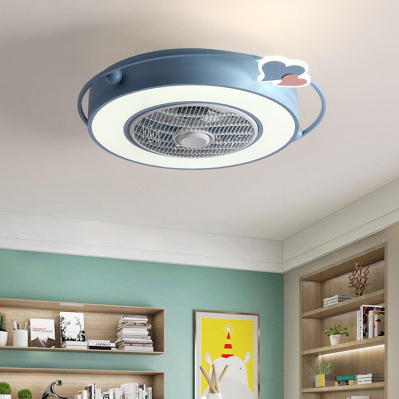 Blue/Pink Box LED Ceiling Fan Kids Acrylic Bladeless Semi Flush Mount Light Fixture with Round/Loving Heart/Cloud Ornament, 23.5" Width