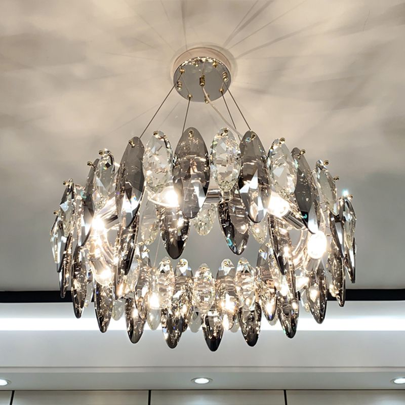 Drum Pendant Ceiling Light Modernist Smoke Grey Crystal Living Room Chandelier Lamp