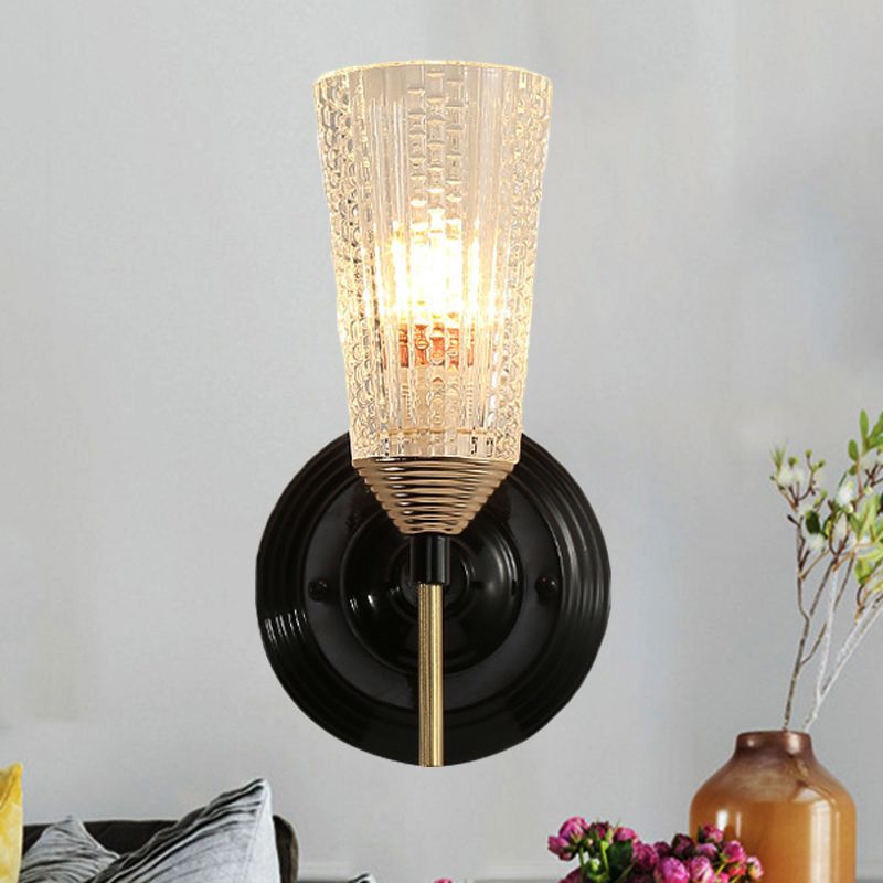 1/2-Light Wall Mounted Light Traditional Conical Clear Textured Glass Wall Sconce in Black for Foyer