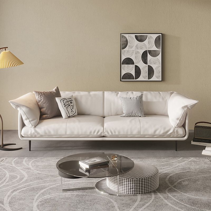 Modern 34.64" H White Genuine Leather Pillow Top Arm Sofa For Living Room