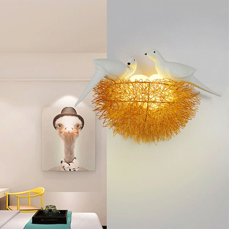 Gold Finish Bird Nest Flush Wall Sconce Art Deco 3 Lights Metal LED Wall Lamp Fixture with White Bird Decor