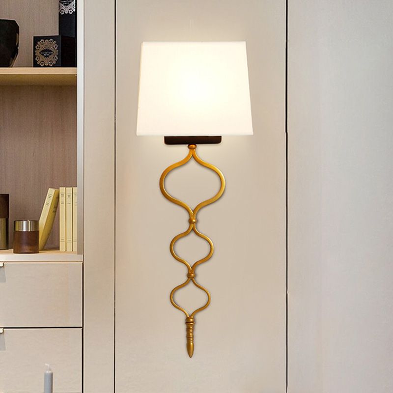 Flat Metal Sconce Lighting Rustic 1-Light Living Room Wall Mounted Lamp in White with Fabric Shade