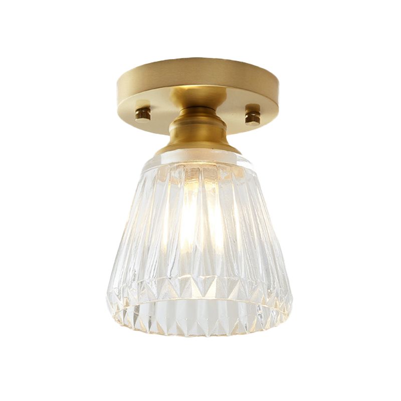 Single Bulb Semi Flush Mount Industrial Cone Clear Textured Glass Ceiling Light in Brass for Living Room
