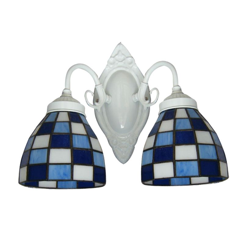 Mosaic Dome Wall Lighting Blue Glass 2 Lights Bathroom Wall Mounted Lamp in White Finish
