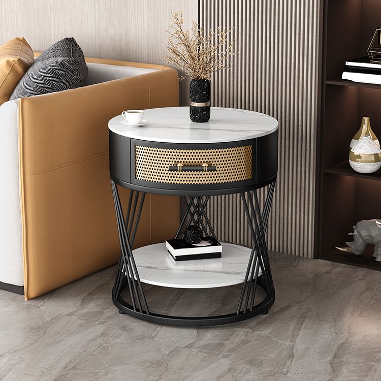 Modernistic Metal Frame End Table Slate Top Round Side End Table