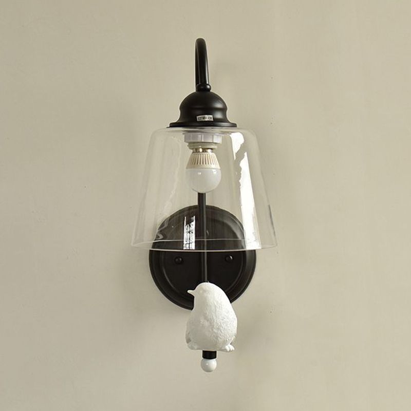 Cone Wall Lamp Modernist Clear Glass 1 Light White/Black Flush Mount Wall Sconce with White Bird