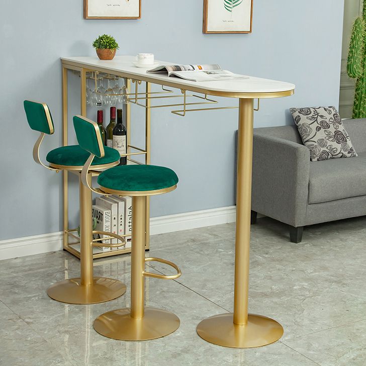 Glam White Stone Bar Dining Table Gold Iron Double Pedestal Bistro Table with Shelve
