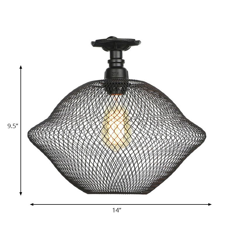 1 Bulb Saucer/Barrel Semi Flush Light Industrial Stylish Black Finish Metal Ceiling Mounted Light with Mesh Screen