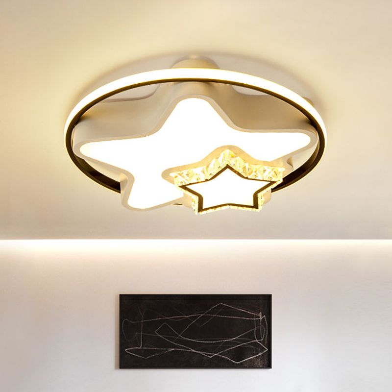 Kids Square/Star/Loving Heart Flushmount Acrylic Bedroom LED Flush Mount Ceiling Light in Black-White with Embedded Crystal Accent