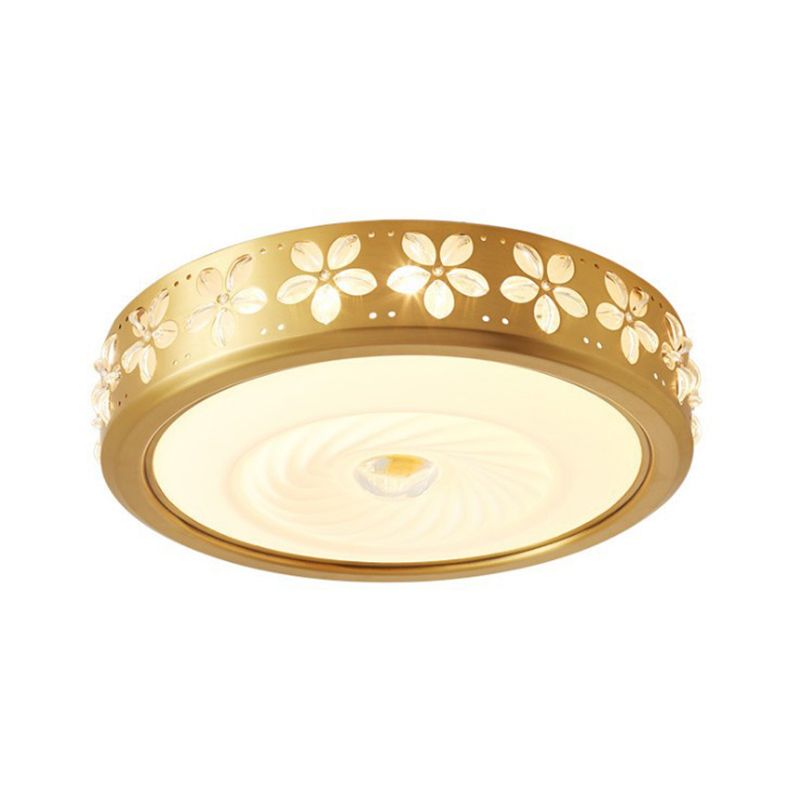 Rustic Style Drum Shape Flush Light Cream Glass LED Ceiling Mounted Fixture with Blossom Trim Decor in Brass