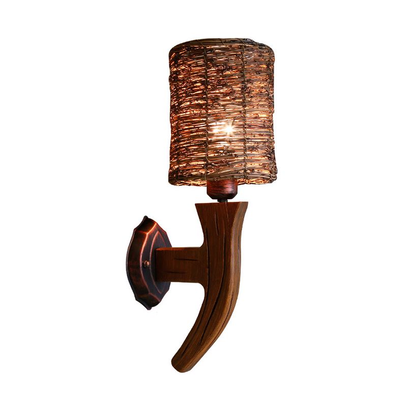Armed Wood Wall Lamp Chinese 1 Bulb Brown Sconce Light Fixture with Cylinder Rattan Shade