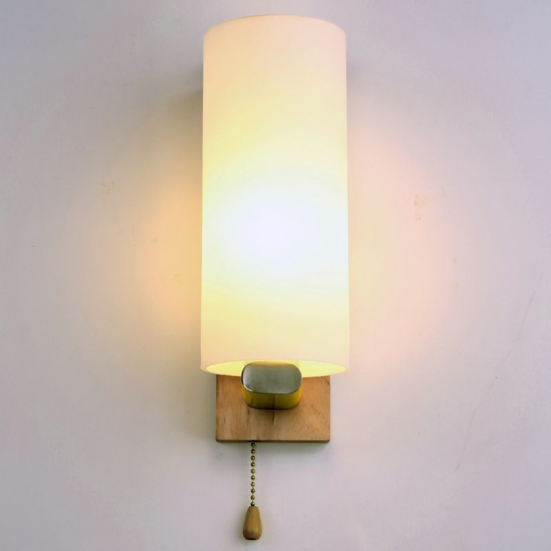 White Glass Wall Light in Modern Concise Style Wooden Cylindroid Wall Sconce for Bedroom