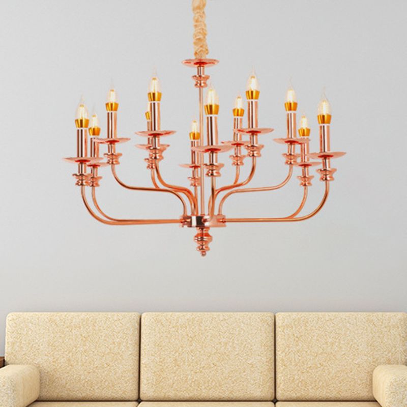 Candelera colgante de sala de estar de estilo vela metal tradicional 12 luces de oro rosa lámpara colgante