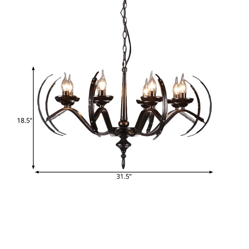 Traditional Candle Hanging Lamp 8 Bulbs Iron Chandelier Light Fixture with Curvy Arm in Black