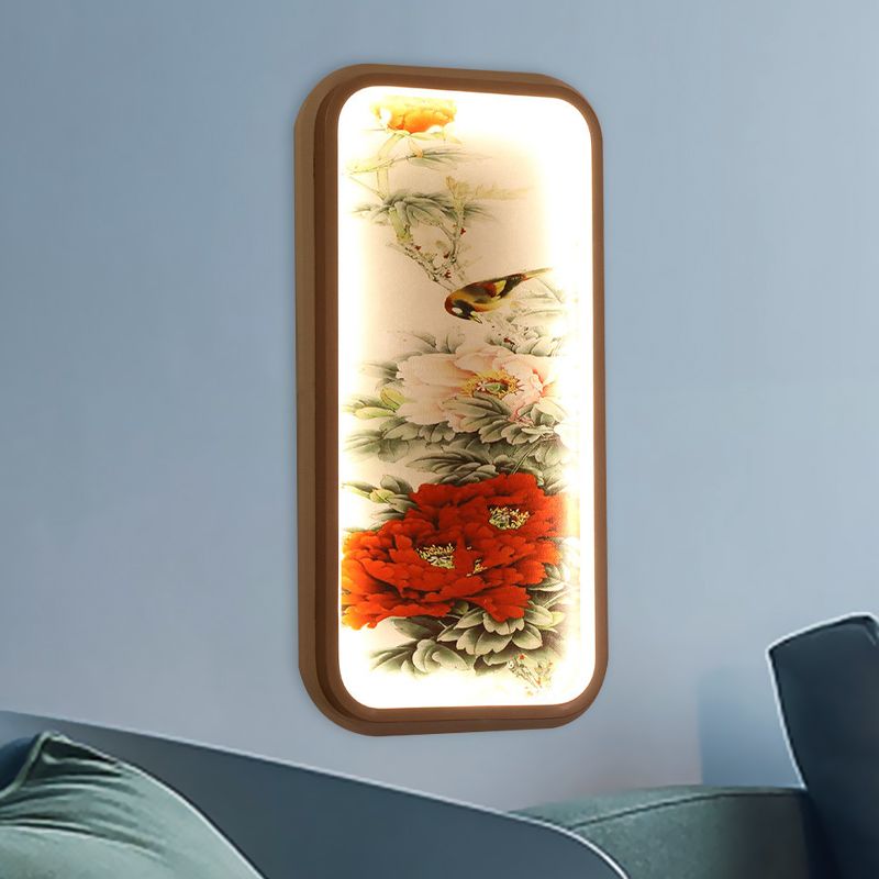 Rectangle Acrylic Peony Wall Mount Lamp Chinese Style LED Red Wall Mural Light
