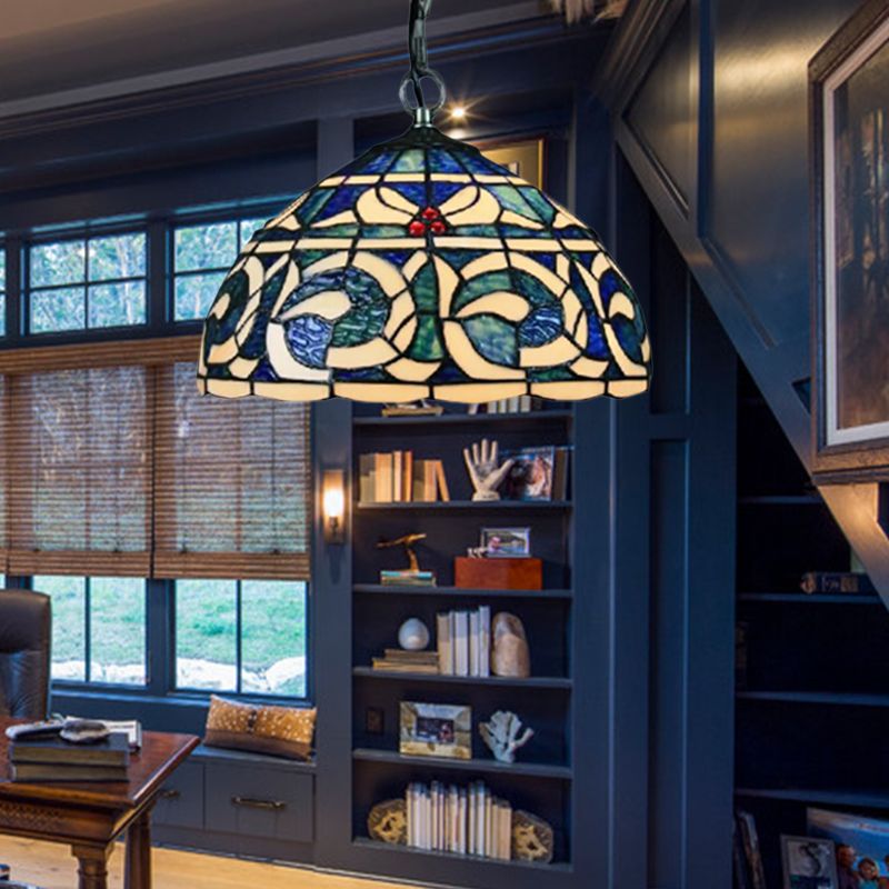 Stained Glass Domed Glass Suspension Light Retro Loft Tiffany Hanging Light in Blue for Restaurant